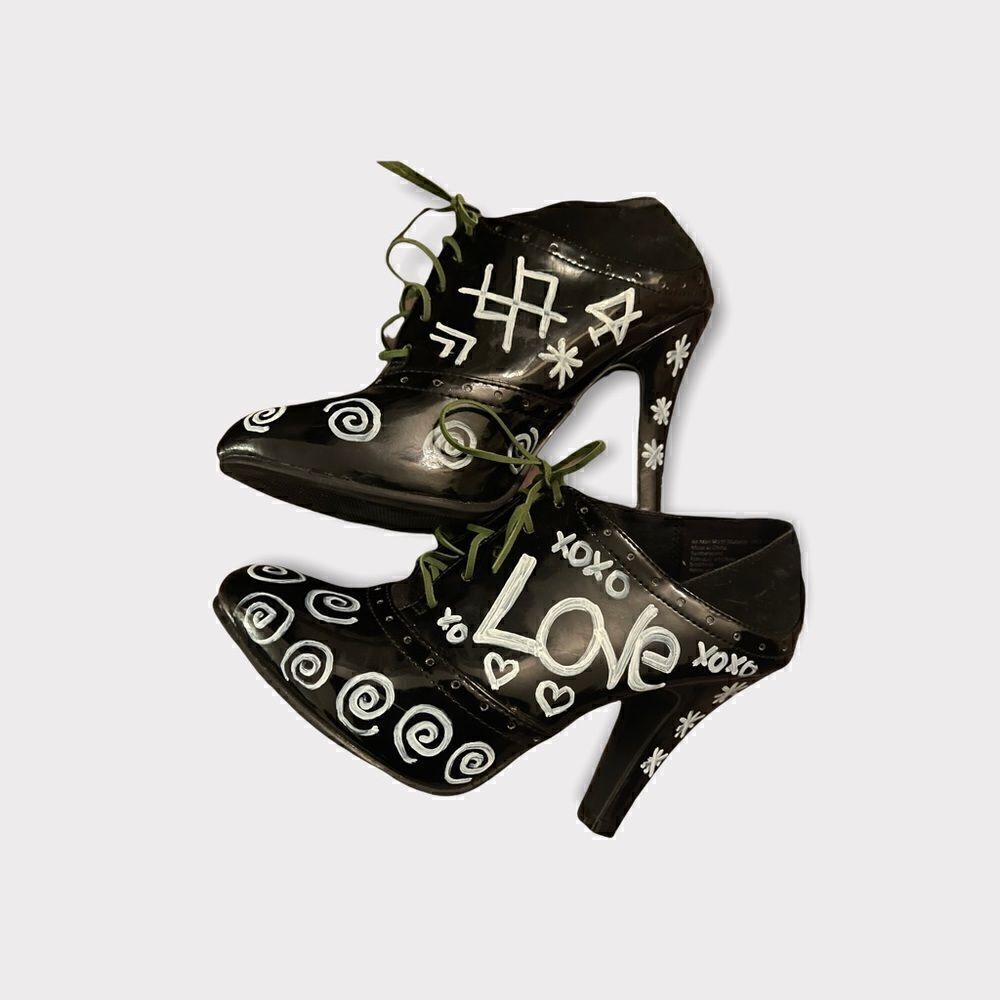 Size 7.5 Fioni Black Custom Graffiti Oxford Bootie